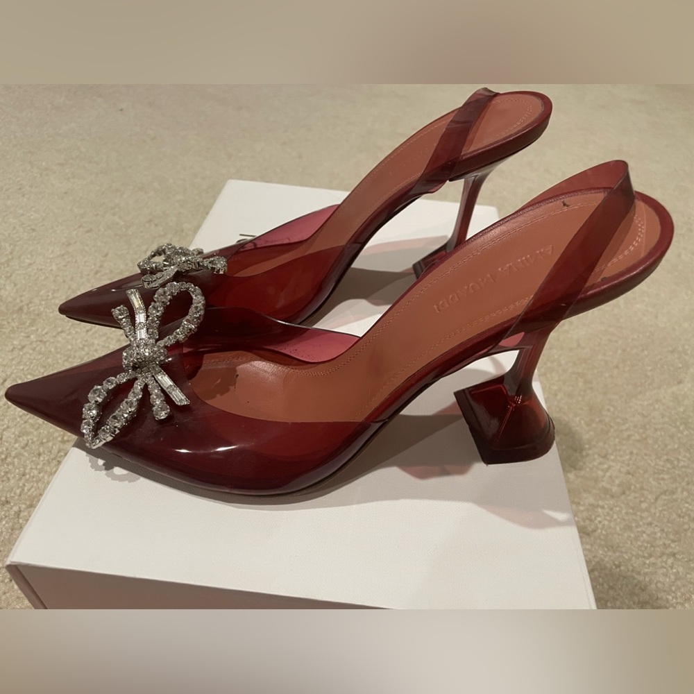 Amina Muaddi Burgundy PVC Slingback Pumps with Crystal Bow - Picture 5 of 8